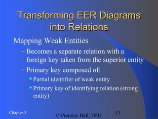 13Chapter 5
© Prentice Hall, 2002
Transforming EER DiagramsTransforming EER Diagrams
into Relationsinto Relations
Mapping Weak Entities
– Becomes a separate relation with a
foreign key taken from the superior entity
– Primary key composed of:
Partial identifier of weak entity
Primary key of identifying relation (strong
entity)
 