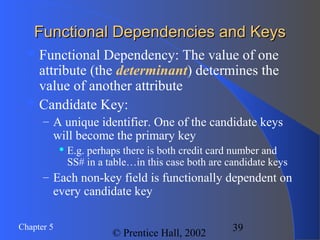 39Chapter 5
© Prentice Hall, 2002
Functional Dependencies and KeysFunctional Dependencies and Keys
Functional Dependency: The value of one
attribute (the determinant) determines the
value of another attribute
Candidate Key:
– A unique identifier. One of the candidate keys
will become the primary key
 E.g. perhaps there is both credit card number and
SS# in a table…in this case both are candidate keys
– Each non-key field is functionally dependent on
every candidate key
 