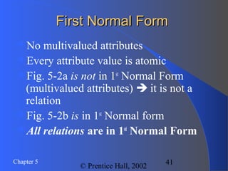 41Chapter 5
© Prentice Hall, 2002
First Normal FormFirst Normal Form
No multivalued attributes
Every attribute value is atomic
Fig. 5-2a is not in 1st
Normal Form
(multivalued attributes)  it is not a
relation
Fig. 5-2b is in 1st
Normal form
All relations are in 1st
Normal Form
 