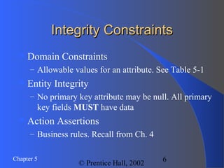 6Chapter 5
© Prentice Hall, 2002
Integrity ConstraintsIntegrity Constraints
Domain Constraints
– Allowable values for an attribute. See Table 5-1
Entity Integrity
– No primary key attribute may be null. All primary
key fields MUST have data
Action Assertions
– Business rules. Recall from Ch. 4
 