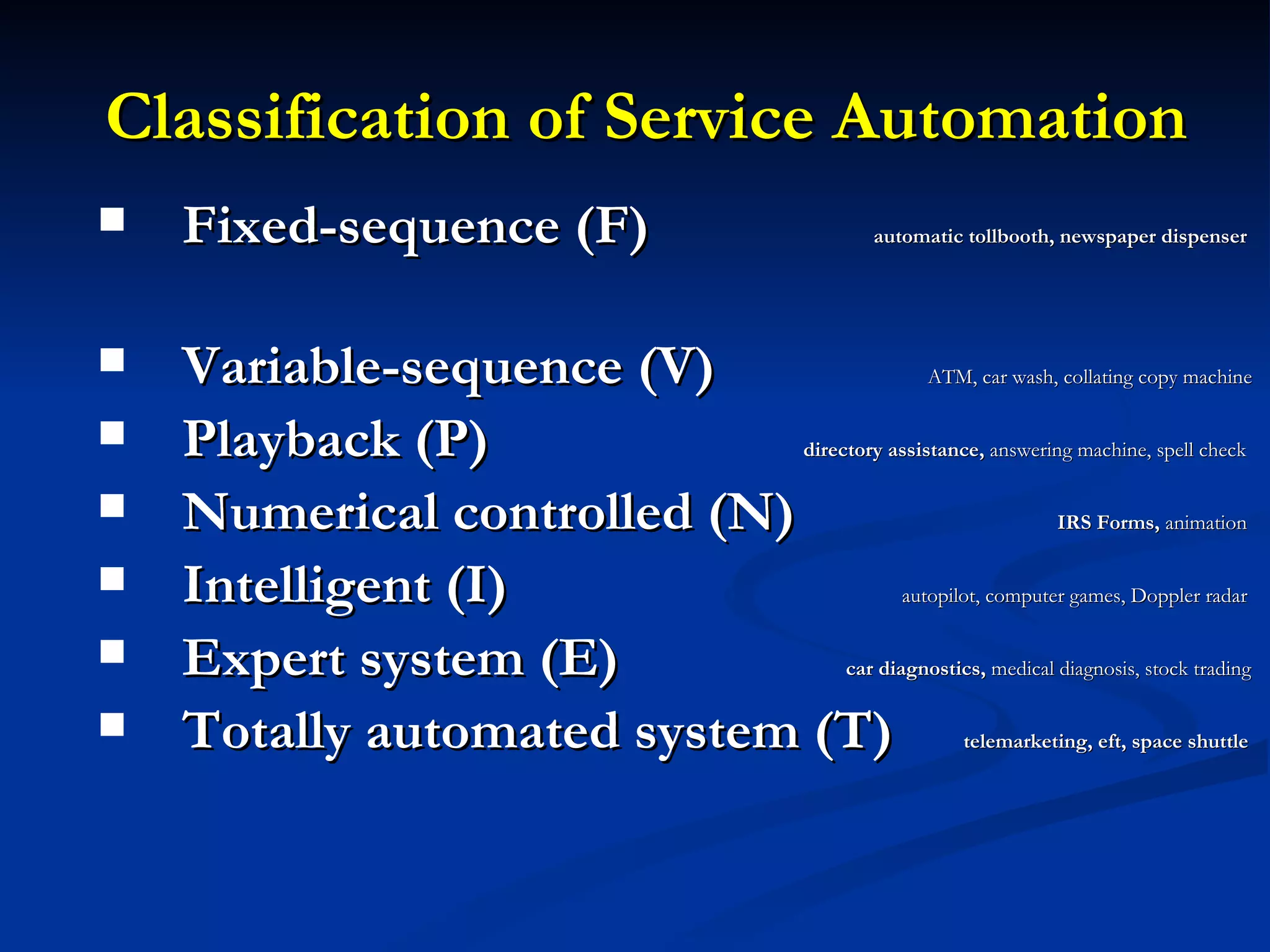 Classification of Service Automation Fixed-sequence (F)    automatic tollbooth, newspaper dispenser   Variable-sequence (V)  ATM, car wash, collating copy machine Playback (P)      directory assistance,  answering machine, spell check Numerical controlled (N)    IRS Forms,  animation Intelligent (I)    autopilot, computer games, Doppler radar Expert system (E)    car diagnostics,  medical diagnosis, stock trading Totally automated system (T)  telemarketing, eft, space shuttle 