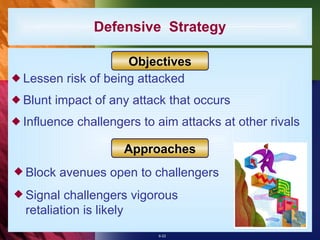 Defensive  Strategy Lessen risk of being attacked Blunt impact of any attack that occurs Influence challengers to aim attacks at other rivals Block avenues open to challengers Signal challengers vigorous retaliation is likely Objectives Approaches 