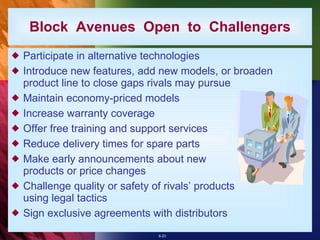 Block  Avenues  Open  to  Challengers Participate in alternative technologies Introduce new features, add new models, or broaden product line to close gaps rivals may pursue Maintain economy-priced models Increase warranty coverage Offer free training and support services Reduce delivery times for spare parts Make early announcements about new products or price changes Challenge quality or safety of rivals’ products using legal tactics Sign exclusive agreements with distributors 