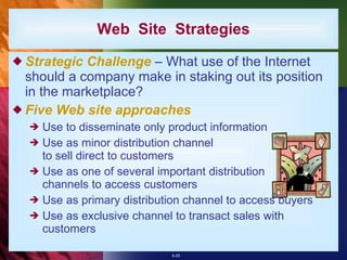 Web  Site  Strategies Strategic Challenge  – What use of the Internet should a company make in staking out its position in the marketplace? Five Web site approaches Use to disseminate only product information  Use as minor distribution channel to sell direct to customers  Use as one of several important distribution channels to access customers Use as primary distribution channel to access buyers Use as exclusive channel to transact sales with customers 