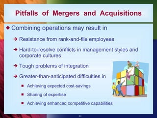 Combining operations may result in Resistance from rank-and-file employees Hard-to-resolve conflicts in management styles and corporate cultures Tough problems of integration Greater-than-anticipated difficulties in Achieving expected cost-savings Sharing of expertise Achieving enhanced competitive capabilities Pitfalls  of  Mergers  and  Acquisitions 