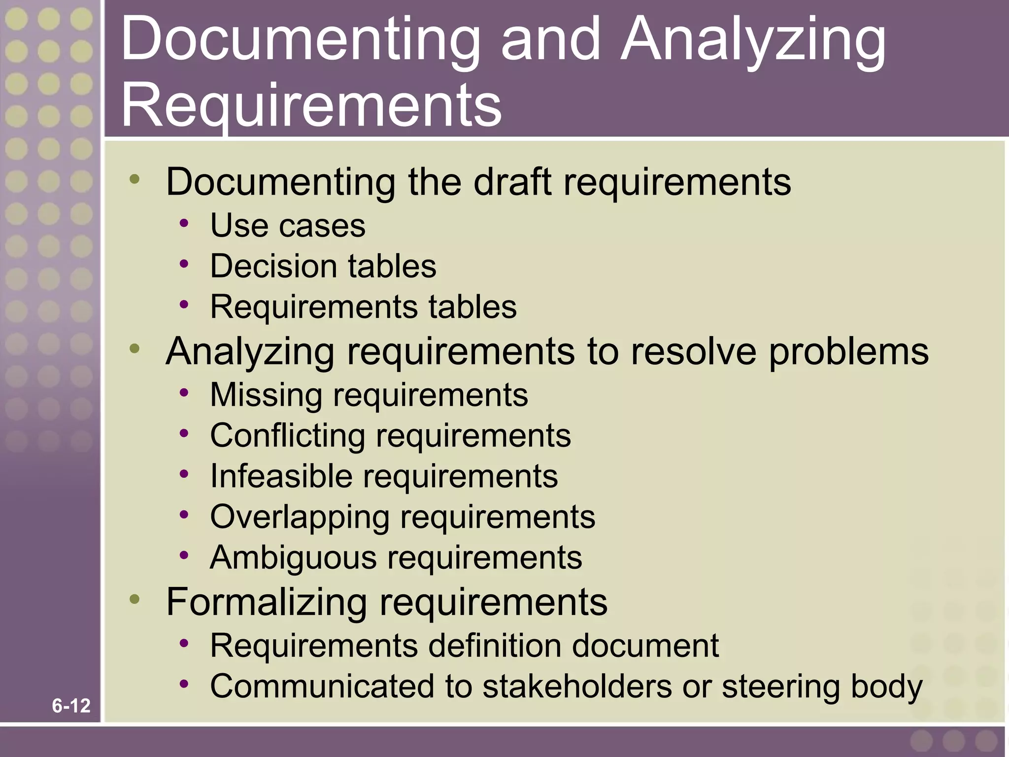Documenting and Analyzing
       Requirements
       • Documenting the draft requirements
         • Use cases
         • Decision tables
         • Requirements tables
       • Analyzing requirements to resolve problems
         •   Missing requirements
         •   Conflicting requirements
         •   Infeasible requirements
         •   Overlapping requirements
         •   Ambiguous requirements
       • Formalizing requirements
         • Requirements definition document
         • Communicated to stakeholders or steering body
6-12
 