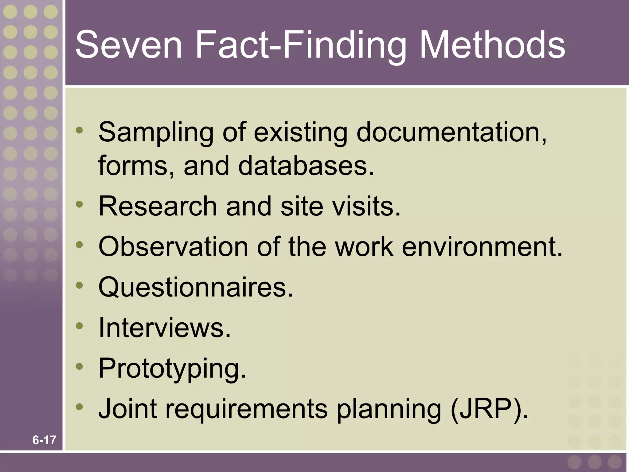 Seven Fact-Finding Methods

       • Sampling of existing documentation,
         forms, and databases.
       • Research and site visits.
       • Observation of the work environment.
       • Questionnaires.
       • Interviews.
       • Prototyping.
       • Joint requirements planning (JRP).
6-17
 