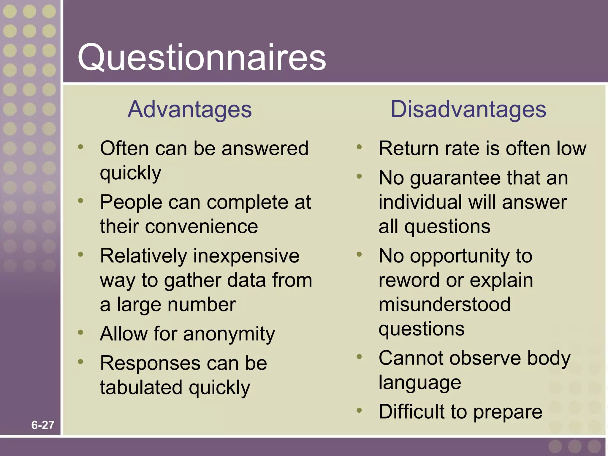 Questionnaires
            Advantages                Disadvantages
       • Often can be answered     • Return rate is often low
         quickly                   • No guarantee that an
       • People can complete at      individual will answer
         their convenience           all questions
       • Relatively inexpensive    • No opportunity to
         way to gather data from     reword or explain
         a large number              misunderstood
       • Allow for anonymity         questions
       • Responses can be          • Cannot observe body
         tabulated quickly           language
                                   • Difficult to prepare
6-27
 