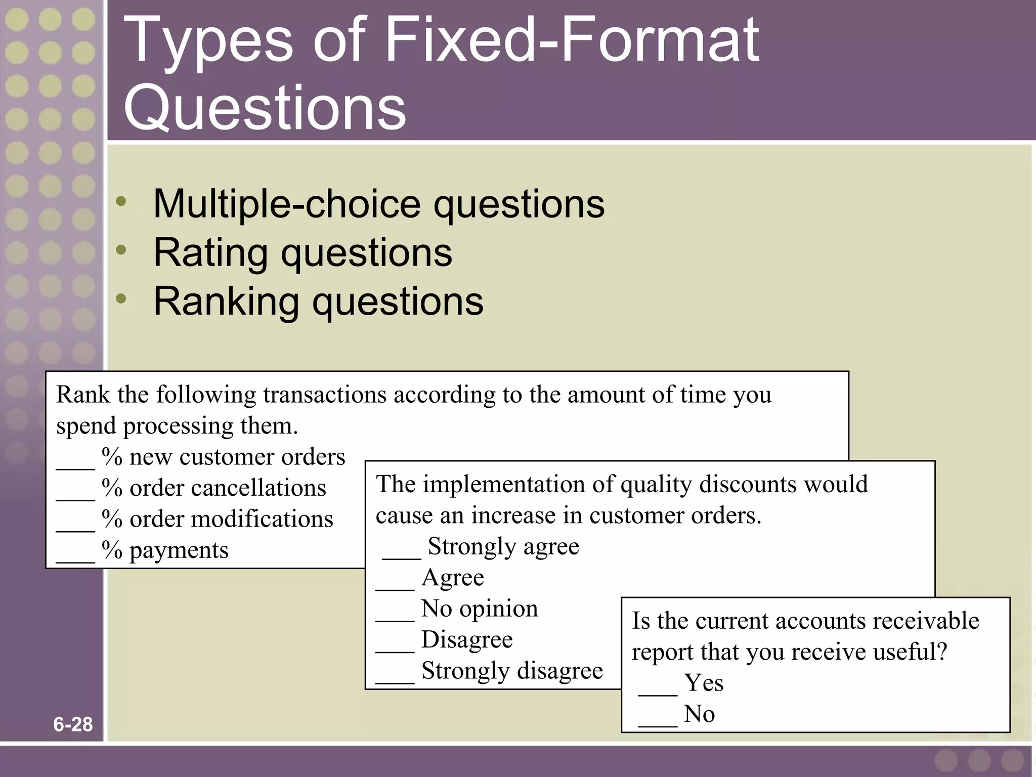 Types of Fixed-Format
       Questions
       • Multiple-choice questions
       • Rating questions
       • Ranking questions

Rank the following transactions according to the amount of time you
spend processing them.
___ % new customer orders
___ % order cancellations     The implementation of quality discounts would
___ % order modifications     cause an increase in customer orders.
___ % payments                 ___ Strongly agree
                              ___ Agree
                              ___ No opinion           Is the current accounts receivable
                              ___ Disagree             report that you receive useful?
                              ___ Strongly disagree ___ Yes

6-28                                                    ___ No
 