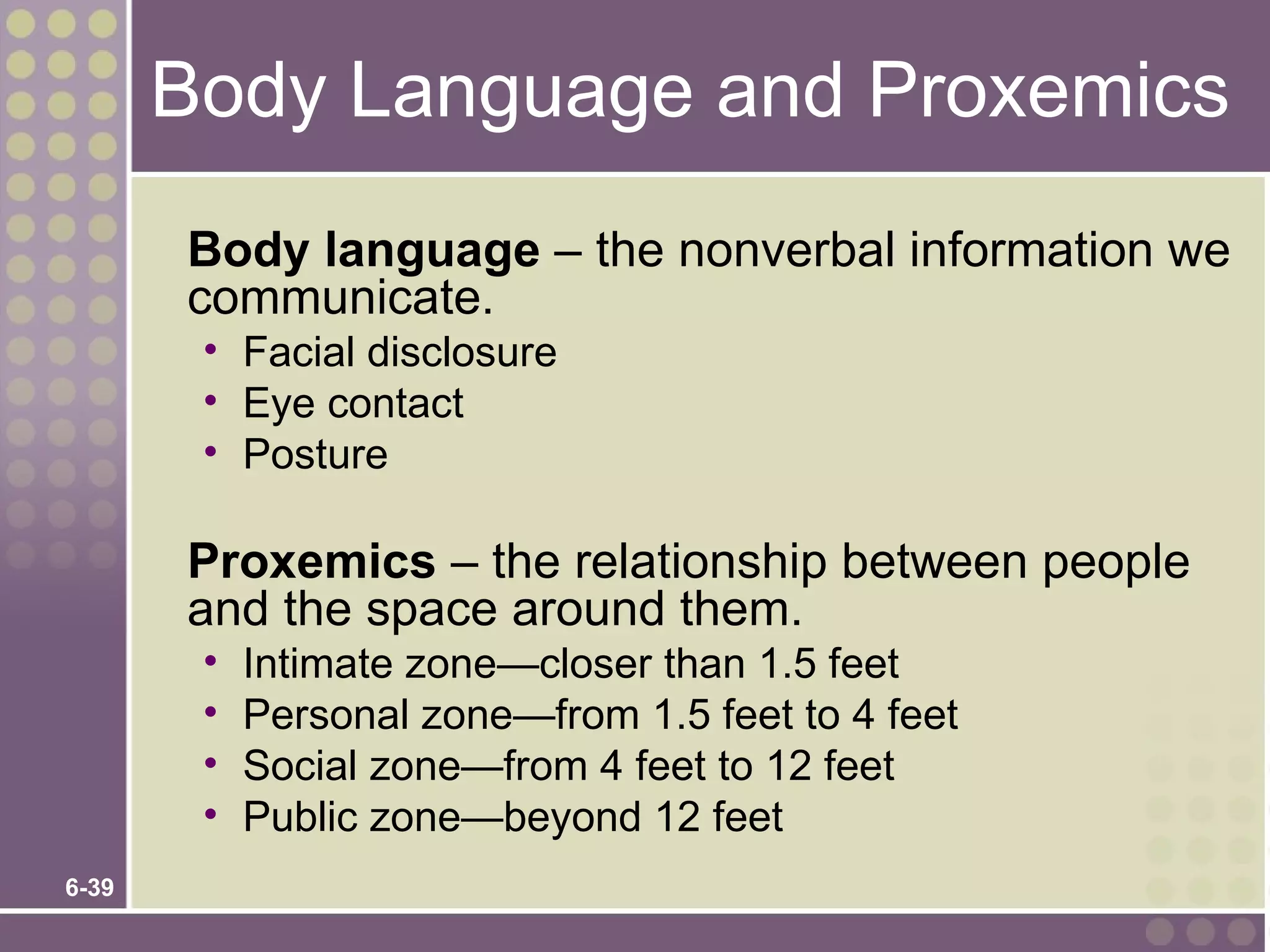 Body Language and Proxemics
       Body language – the nonverbal information we
       communicate.
        • Facial disclosure
        • Eye contact
        • Posture

       Proxemics – the relationship between people
       and the space around them.
        •   Intimate zone—closer than 1.5 feet
        •   Personal zone—from 1.5 feet to 4 feet
        •   Social zone—from 4 feet to 12 feet
        •   Public zone—beyond 12 feet
6-39
 