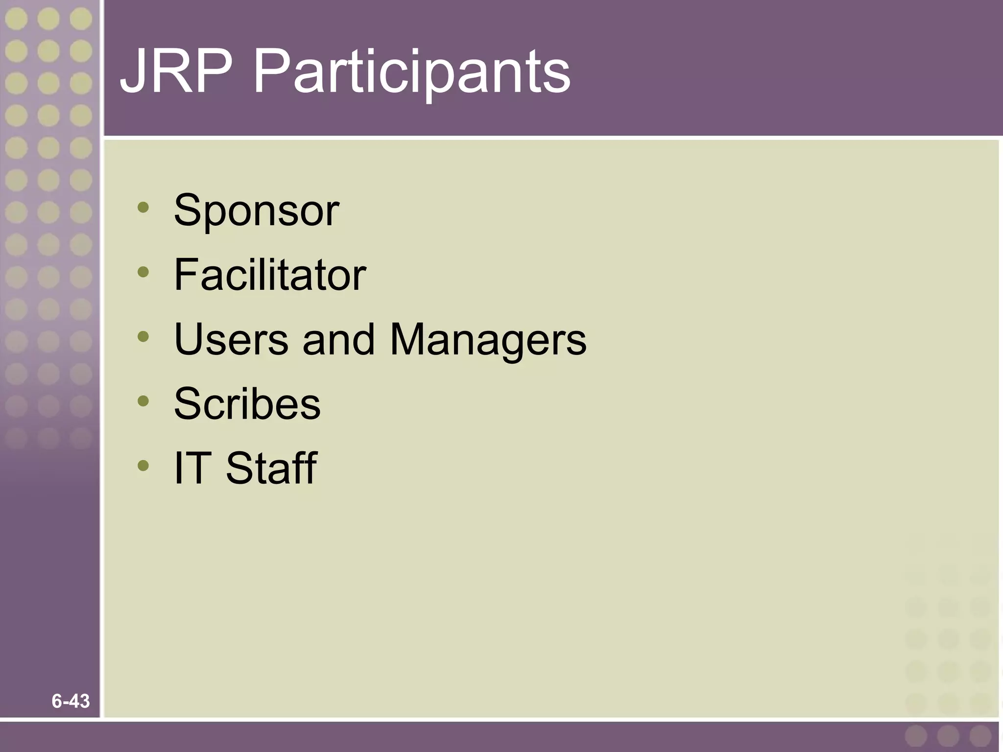 JRP Participants

       •   Sponsor
       •   Facilitator
       •   Users and Managers
       •   Scribes
       •   IT Staff




6-43
 