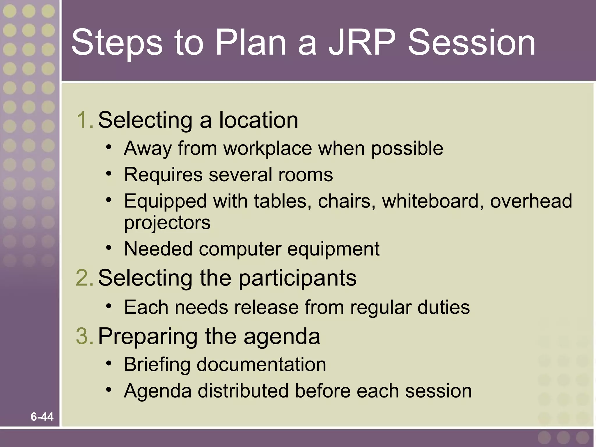 Steps to Plan a JRP Session

       1. Selecting a location
          • Away from workplace when possible
          • Requires several rooms
          • Equipped with tables, chairs, whiteboard, overhead
            projectors
          • Needed computer equipment
       2. Selecting the participants
          • Each needs release from regular duties
       3. Preparing the agenda
          • Briefing documentation
          • Agenda distributed before each session
6-44
 