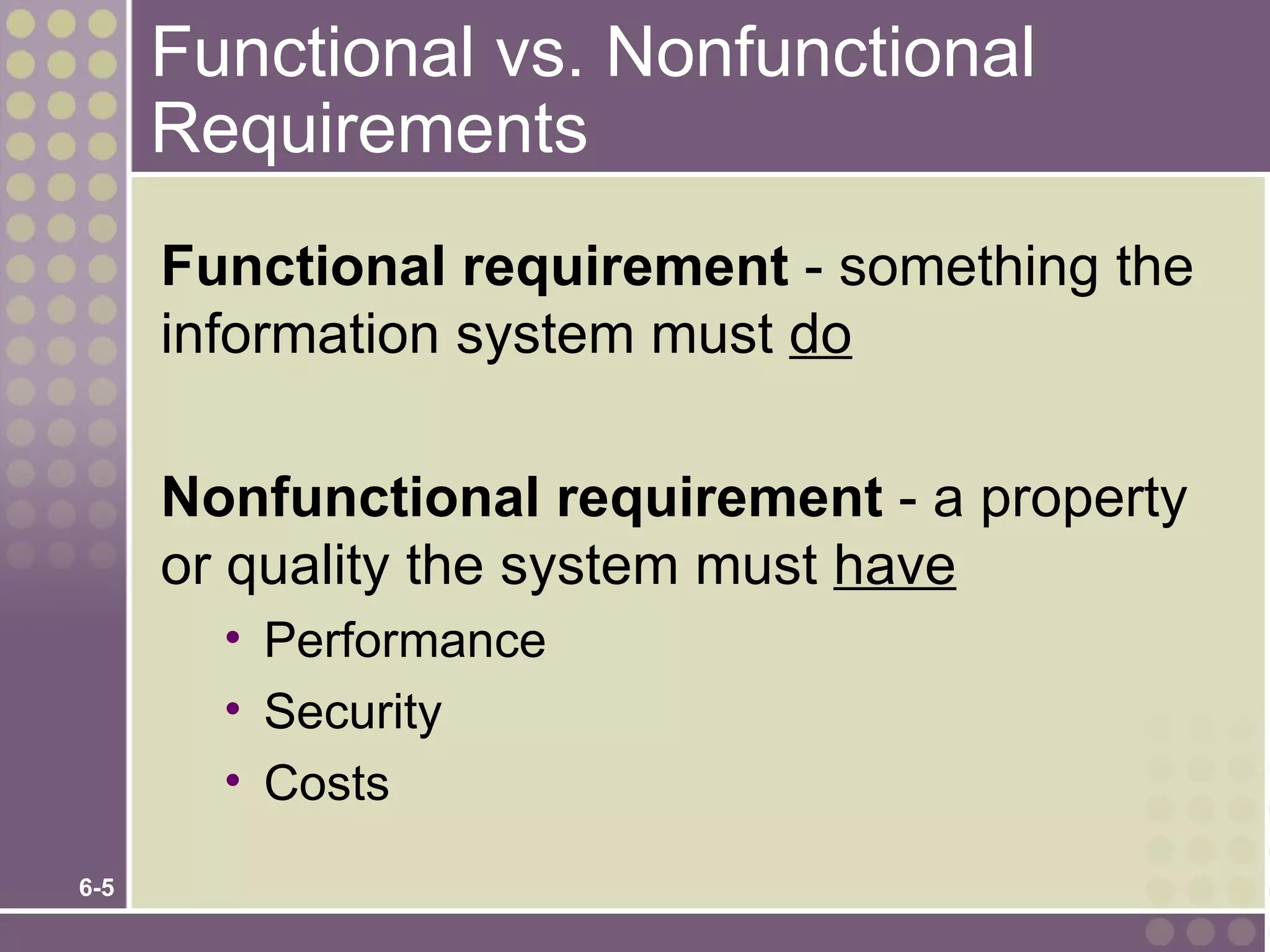 Functional vs. Nonfunctional
      Requirements
      Functional requirement - something the
      information system must do

      Nonfunctional requirement - a property
      or quality the system must have
        • Performance
        • Security
        • Costs

6-5
 