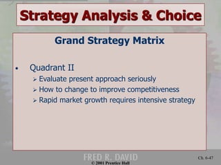 Strategy Analysis & Choice 
© 2001 Prentice Hall 
Ch. 6-47 
Grand Strategy Matrix 
• Quadrant II 
 Evaluate present approach seriously 
 How to change to improve competitiveness 
 Rapid market growth requires intensive strategy 
 
