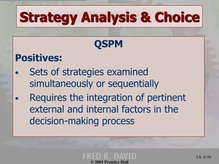 Strategy Analysis & Choice 
© 2001 Prentice Hall 
Ch. 6-56 
QSPM 
Positives: 
• Sets of strategies examined 
simultaneously or sequentially 
• Requires the integration of pertinent 
external and internal factors in the 
decision-making process 
 