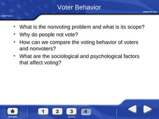 CHAPTER 6
Voter Behavior
• What is the nonvoting problem and what is its scope?
• Why do people not vote?
• How can we compare the voting behavior of voters
and nonvoters?
• What are the sociological and psychological factors
that affect voting?
 
