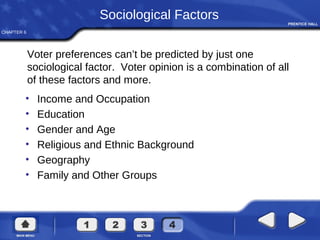 CHAPTER 6
Sociological Factors
Voter preferences can’t be predicted by just one
sociological factor. Voter opinion is a combination of all
of these factors and more.
• Income and Occupation
• Education
• Gender and Age
• Religious and Ethnic Background
• Geography
• Family and Other Groups
 
