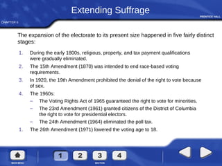 CHAPTER 6
The expansion of the electorate to its present size happened in five fairly distinct
stages:
Extending Suffrage
1. During the early 1800s, religious, property, and tax payment qualifications
were gradually eliminated.
2. The 15th Amendment (1870) was intended to end race-based voting
requirements.
3. In 1920, the 19th Amendment prohibited the denial of the right to vote because
of sex.
4. The 1960s:
– The Voting Rights Act of 1965 guaranteed the right to vote for minorities.
– The 23rd Amendment (1961) granted citizens of the District of Columbia
the right to vote for presidential electors.
– The 24th Amendment (1964) eliminated the poll tax.
1. The 26th Amendment (1971) lowered the voting age to 18.
 