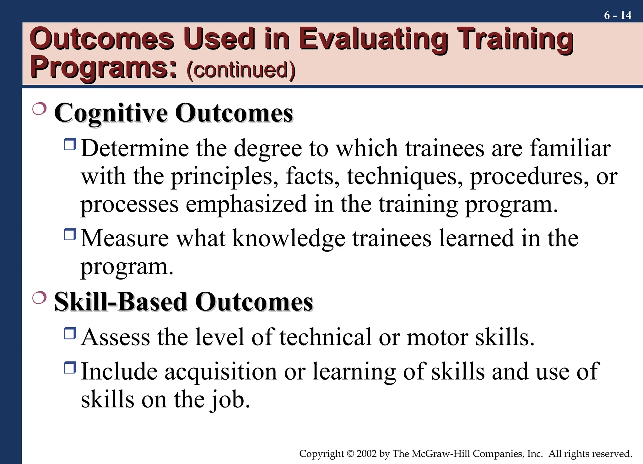 6 - 14
Copyright © 2002 by The McGraw-Hill Companies, Inc. All rights reserved.
Outcomes Used in Evaluating Training
Outcomes Used in Evaluating Training
Programs:
Programs: (continued)
(continued)
 Cognitive Outcomes
Cognitive Outcomes
 Determine the degree to which trainees are familiar
with the principles, facts, techniques, procedures, or
processes emphasized in the training program.
 Measure what knowledge trainees learned in the
program.
 Skill-Based Outcomes
Skill-Based Outcomes
 Assess the level of technical or motor skills.
 Include acquisition or learning of skills and use of
skills on the job.
 
