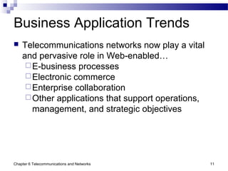 Chapter 6 Telecommunications and Networks 11
Business Application Trends
 Telecommunications networks now play a vital
and pervasive role in Web-enabled…
E-business processes
Electronic commerce
Enterprise collaboration
Other applications that support operations,
management, and strategic objectives
 