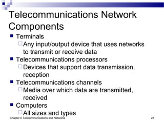 Chapter 6 Telecommunications and Networks 28
Telecommunications Network
Components
 Terminals
Any input/output device that uses networks
to transmit or receive data
 Telecommunications processors
Devices that support data transmission,
reception
 Telecommunications channels
Media over which data are transmitted,
received
 Computers
All sizes and types
 