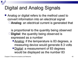 Chapter 6 Telecommunications and Networks 45
Digital and Analog Signals
 Analog or digital refers to the method used to
convert information into an electrical signal
Analog: an electrical current is generated that
is proportional to the quantity being observed
Digital: the quantity being observed is
expressed as a number
 Analog: if the temperature is 83 degrees, a
measuring device would generate 8.3 volts
 Digital: a measurement of 83 degrees
would be displayed as the number 83
 