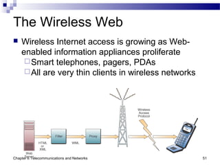 Chapter 6 Telecommunications and Networks 51
The Wireless Web
 Wireless Internet access is growing as Web-
enabled information appliances proliferate
Smart telephones, pagers, PDAs
All are very thin clients in wireless networks
 