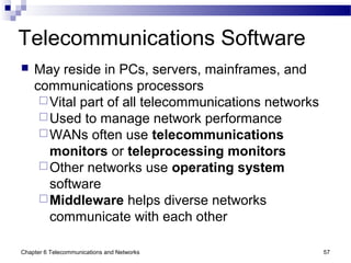 Chapter 6 Telecommunications and Networks 57
Telecommunications Software
 May reside in PCs, servers, mainframes, and
communications processors
Vital part of all telecommunications networks
Used to manage network performance
WANs often use telecommunications
monitors or teleprocessing monitors
Other networks use operating system
software
Middleware helps diverse networks
communicate with each other
 