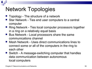 Chapter 6 Telecommunications and Networks 59
Network Topologies
 Topology - The structure of a network
 Star Network - Ties end user computers to a central
computer
 Ring Network - Ties local computer processors together
in a ring on a relatively equal basis
 Bus Network - Local processors share the same
communications channel
 Mesh Network - Uses direct communications lines to
connect some or all of the computers in the ring to
each other
 Switch - A message-switching computer that handles
data communication between autonomous
local computers
 