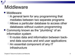 Chapter 6 Telecommunications and Networks 8
Middleware
 Middleware
A general term for any programming that
mediates between two separate programs
Allows a particular database to access other
databases without custom programming
 Commonly known as the “plumbing” of an
information system
It routes data and information between back-
end data sources and end user applications
An essential component of any IT
infrastructure
 