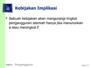 slide 10BAB 6 Pengangguran
Kebijakan Implikasi
 Sebuah kebijakan akan mengurangi tingkat
pengangguran alamiah hanya jika menurunkan
s atau meningkat f.
 