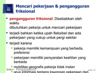 slide 12BAB 6 Pengangguran
Mencari pekerjaan & pengangguran
friksional
 pengangguran friksional: Disebabkan oleh
waktu
dibutuhkan pekerja untuk mencari pekerjaan
 terjadi bahkan ketika upah fleksibel dan ada
pekerjaan yang cukup untuk pergi sekitar
 terjadi karena
 pekerja memiliki kemampuan yang berbeda,
preferensi
 pekerjaan memiliki persyaratan keahlian yang
berbeda
 mobilitas geografis pekerja tidak instan
 