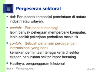 slide 13BAB 6 Pengangguran
Pergeseran sektoral
 def: Perubahan komposisi permintaan di antara
industri atau wilayah.
 contoh: Perubahan teknologi
lebih banyak pekerjaan memperbaiki komputer,
lebih sedikit pekerjaan perbaikan mesin tik
 contoh: Sebuah perjanjian perdagangan
internasional yang baru
kenaikan permintaan tenaga kerja di sektor
ekspor, penurunan sektor impor bersaing
 Hasilnya: pengangguran friksional
 