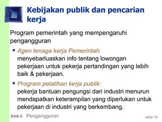 slide 16BAB 6 Pengangguran
Kebijakan publik dan pencarian
kerja
Program pemerintah yang mempengaruhi
pengangguran
 Agen tenaga kerja Pemerintah:
menyebarluaskan info tentang lowongan
pekerjaan untuk pekerja pertandingan yang lebih
baik & pekerjaan.
 Program pelatihan kerja publik:
pekerja bantuan pengungsi dari industri menurun
mendapatkan keterampilan yang diperlukan untuk
pekerjaan di industri yang berkembang.
 