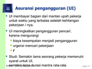 slide 17BAB 6 Pengangguran
Asuransi pengangguran (UI)
 UI membayar bagian dari mantan upah pekerja
untuk waktu yang terbatas setelah kehilangan
pekerjaan / nya.
 UI meningkatkan pengangguran pencari,
karena mengurangi
 biaya kesempatan menjadi pengangguran
 urgensi mencari pekerjaan
 f
 Studi: Semakin lama seorang pekerja memenuhi
syarat untuk UI,
semakin lama durasi mantra rata-rata
 