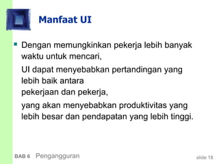 slide 18BAB 6 Pengangguran
 Dengan memungkinkan pekerja lebih banyak
waktu untuk mencari,
UI dapat menyebabkan pertandingan yang
lebih baik antara
pekerjaan dan pekerja,
yang akan menyebabkan produktivitas yang
lebih besar dan pendapatan yang lebih tinggi.
Manfaat UI
 