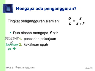 slide 19BAB 6 Pengangguran
Mengapa ada pengangguran?
 Dua alasan mengapa f <1:
1. pencarian pekerjaan
2. kekakuan upah
U s
L s f


SELESAI
Berikutn
ya 
Tingkat pengangguran alamiah:
 