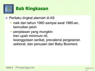 Bab Ringkasan
5. Perilaku tingkat alamiah di AS
 naik dari tahun 1960 sampai awal 1980-an,
kemudian jatuh
 penjelasan yang mungkin:
tren upah minimum riil,
keanggotaan serikat, prevalensi pergeseran
sektoral, dan penuaan dari Baby Boomers
BAB 6 Pengangguran meluncur
 