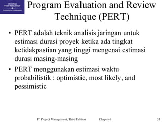 33IT Project Management, Third Edition Chapter 6
Program Evaluation and Review
Technique (PERT)
• PERT adalah teknik analisis jaringan untuk
estimasi durasi proyek ketika ada tingkat
ketidakpastian yang tinggi mengenai estimasi
durasi masing-masing
• PERT menggunakan estimasi waktu
probabilistik : optimistic, most likely, and
pessimistic
 