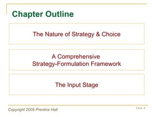 Chapter Outline The Nature of Strategy & Choice A Comprehensive  Strategy-Formulation Framework The Input Stage 