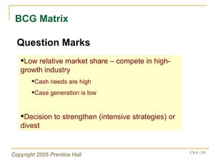 BCG Matrix Question Marks Low relative market share – compete in high-growth industry Cash needs are high Case generation is low Decision to strengthen (intensive strategies) or divest 