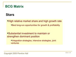 BCG Matrix Stars High relative market share and high growth rate Best long-run opportunities for growth & profitability Substantial investment to maintain or strengthen dominant position Integration strategies, intensive strategies, joint ventures 
