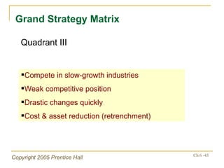 Grand Strategy Matrix Compete in slow-growth industries Weak competitive position Drastic changes quickly Cost & asset reduction (retrenchment) Quadrant III 