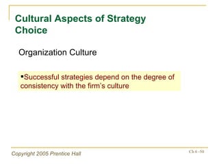Cultural Aspects of Strategy Choice Successful strategies depend on the degree of consistency with the firm’s culture Organization Culture 