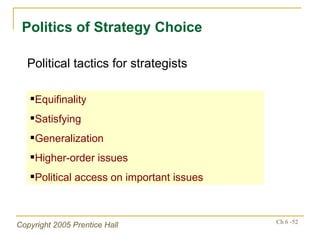 Politics of Strategy Choice Equifinality Satisfying Generalization Higher-order issues Political access on important issues Political tactics for strategists 
