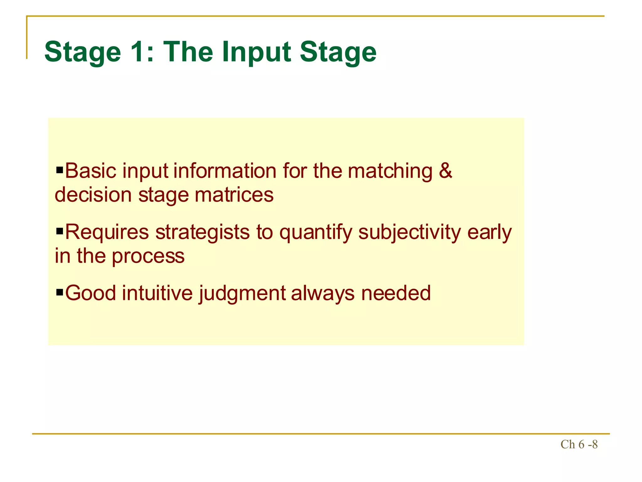 Stage 1: The Input Stage Basic input information for the matching & decision stage matrices Requires strategists to quantify subjectivity early in the process Good intuitive judgment always needed 