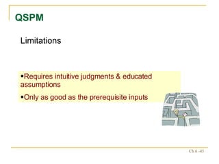 QSPM Requires intuitive judgments & educated assumptions Only as good as the prerequisite inputs Limitations 