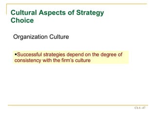 Cultural Aspects of Strategy Choice Successful strategies depend on the degree of consistency with the firm’s culture Organization Culture 