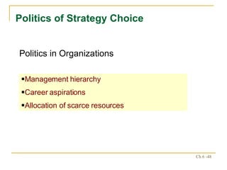 Politics of Strategy Choice Management hierarchy Career aspirations Allocation of scarce resources Politics in Organizations 