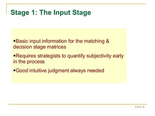 Stage 1: The Input Stage Basic input information for the matching & decision stage matrices Requires strategists to quantify subjectivity early in the process Good intuitive judgment always needed 